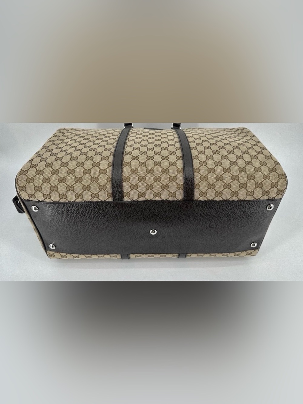 Authentic GUCCI Large GG Logo Beige Canvas Brown Leather Carry on Duffle Bag - Picture 16 of 16
